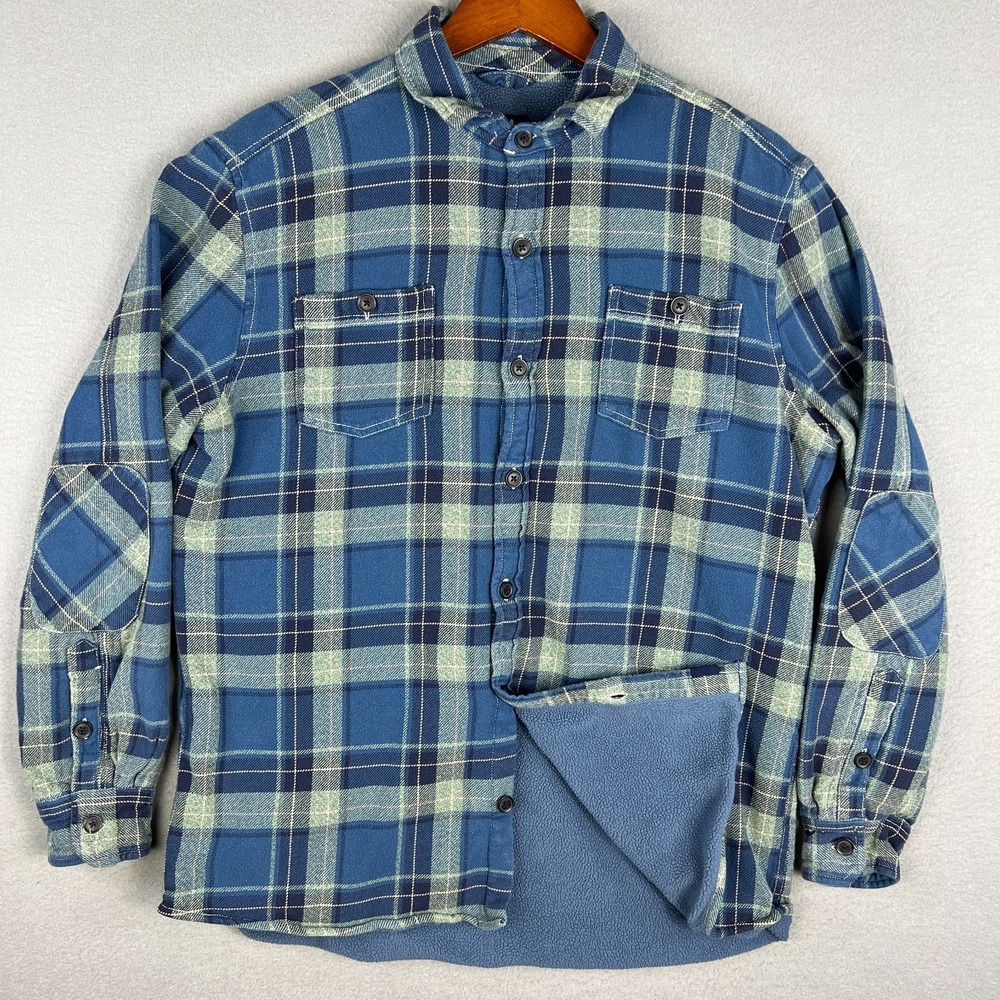 Johnnie O Fleece Lined Button Up Shirt Mens L Elbow Patches Outdoors Hiking